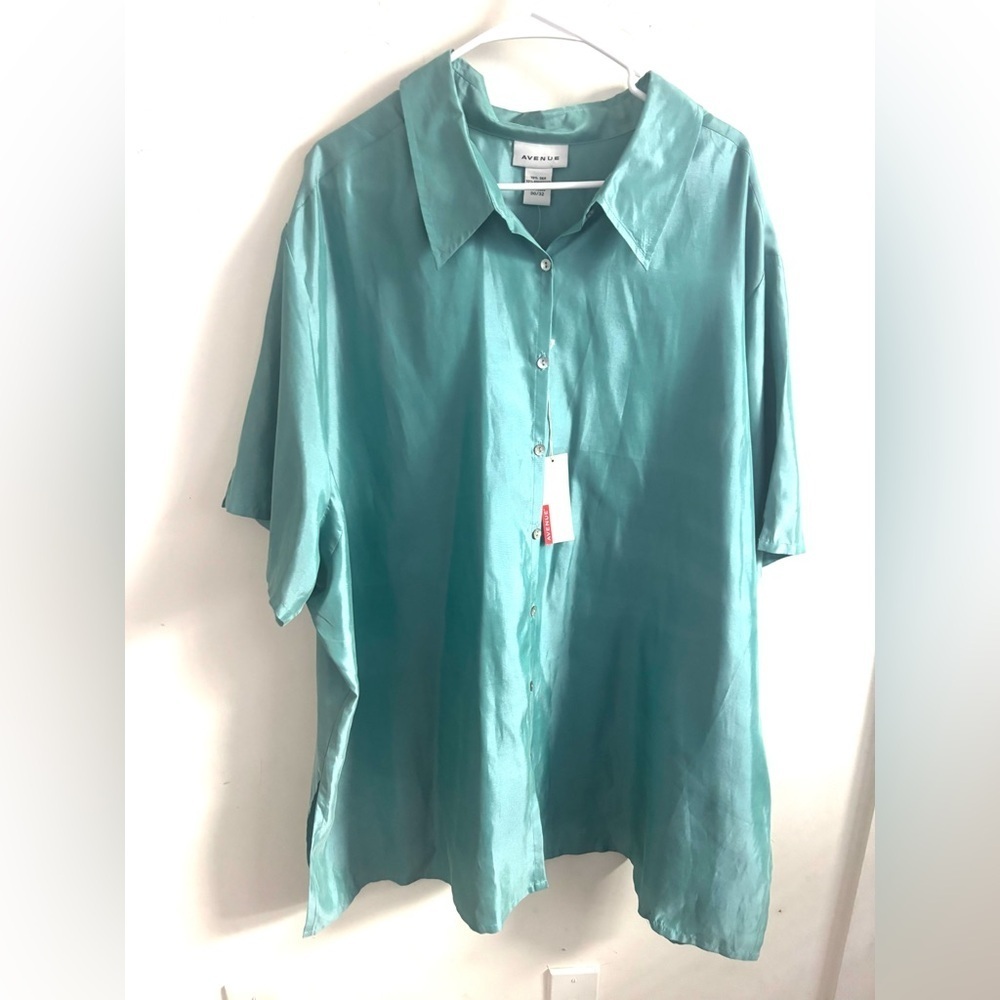 Avenue Women’s Silk Button Up Shirt Teal Short Sleeve Tunic 4X-5X Office Preppy